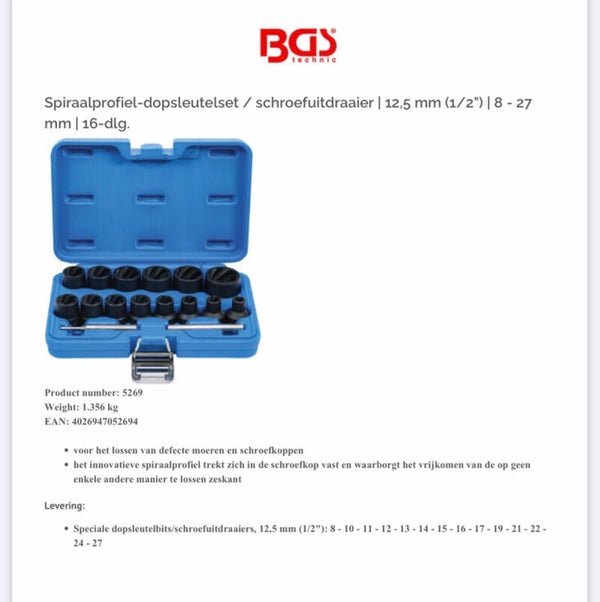 Spiraalprofiel-dopsleutelset / schroefuitdraaier | 12,5 mm (1/2") | 8 - 27 mm | 16-dlg.