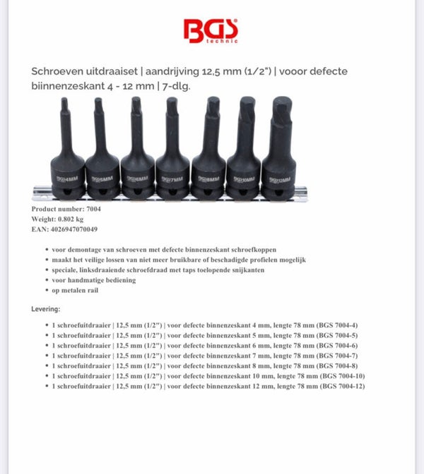 Schroeven uitdraaiset | aandrijving 12,5 mm (1/2") | vooor defecte biinnenzeskant 4 - 12 mm | 7-dlg.
