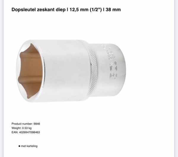 Dopsleutel zeskant diep | 12,5 mm (1/2") | 38 mm