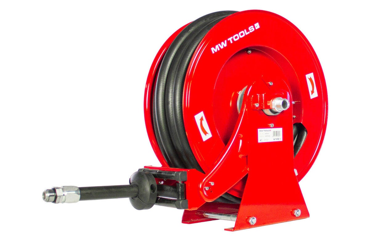 Haspel Diesel 15 m Ø 3/4" 20 bar Gepoederlakt staal met automatische oprol en vaste muurbeugel MW Tools