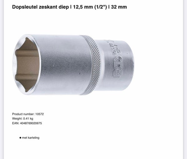 Dopsleutel zeskant diep | 12,5 mm (1/2") | 32 mm