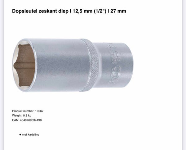 Dopsleutel zeskant diep | 12,5 mm (1/2") | 27 mm