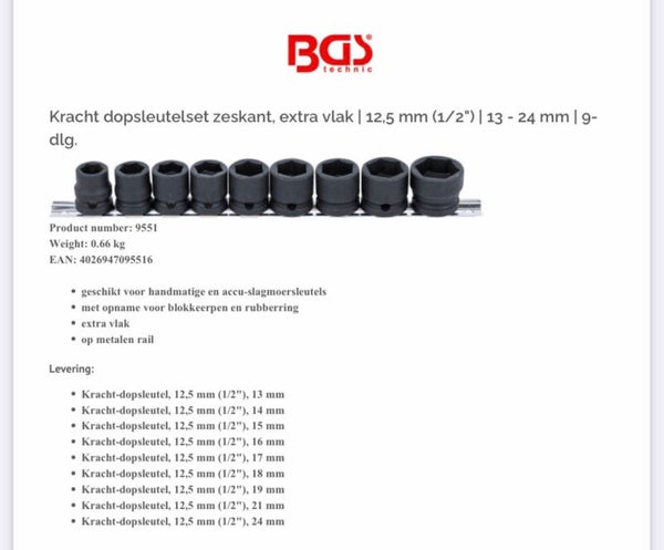 Kracht dopsleutelset zeskant, extra vlak | 12,5 mm (1/2") | 13 - 24 mm | 9-dlg.