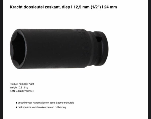 Kracht dopsleutel zeskant, diep | 12,5 mm (1/2") | 24 mm