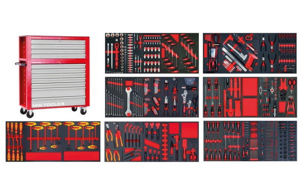 Gevulde brede gereedschapswagen met topkoffer EV XL 567-delig MW Tools