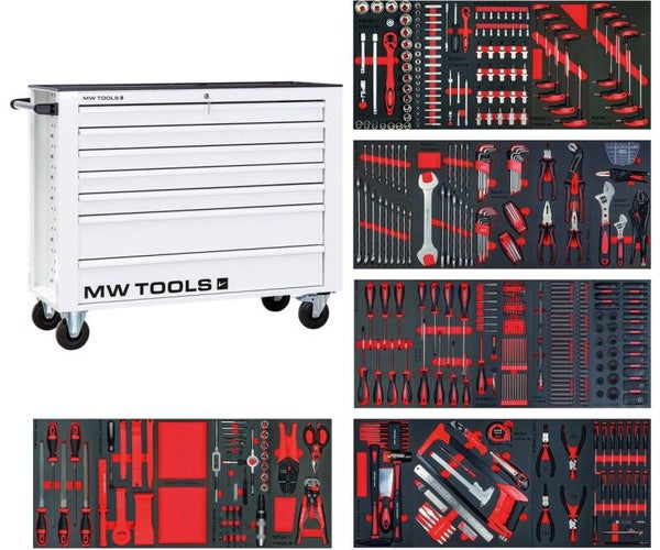 Gevulde brede, witte gereedschapswagen XL 514-delig MW Tools