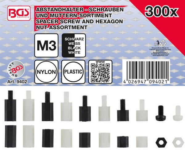 Afstandhouderschroeven en assortiment zeskantmoeren | Nylon | 300-dlg.