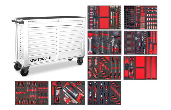 Gevulde brede, witte gereedschapswagen XL 514-delig MW Tools