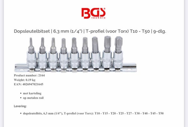 Dopsleutelbitset | 6,3 mm (1/4") | T-profiel (voor Torx) T10 - T50 | 9-dlg.