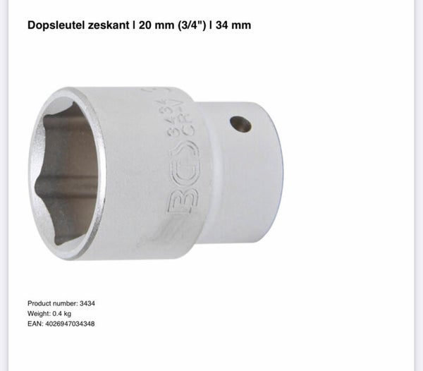 Dopsleutel zeskant | 20 mm (3/4") | 34 mm