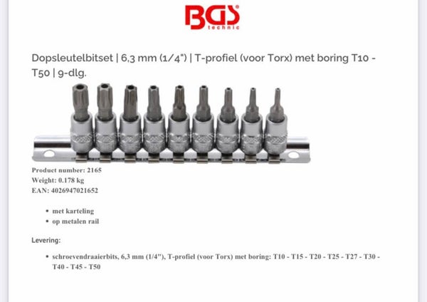 Dopsleutelbitset | 6,3 mm (1/4") | T-profiel (voor Torx) met boring T10 - T50 | 9-dlg.