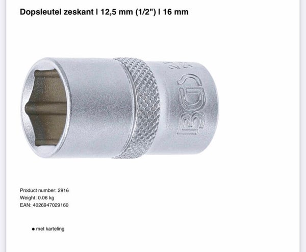 Dopsleutel zeskant | 12,5 mm (1/2") | 16 mm