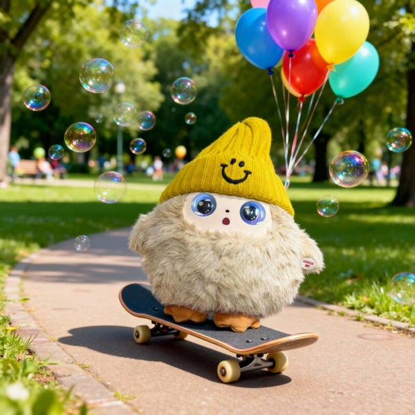 Buddy-de stoere AI-knuffel met zijn coole gele hoed en vrolijke smiley!