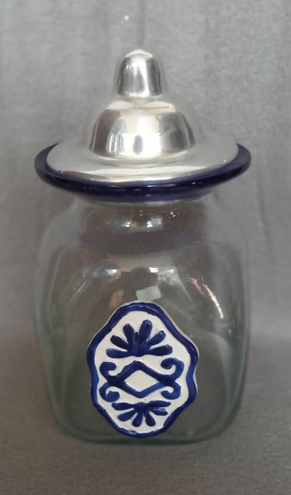 Glazen voorraad pot met keramiek versiering en deksel