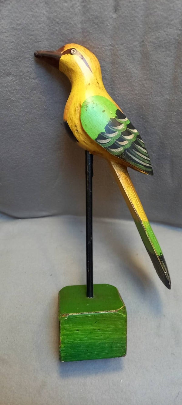 Kleurige vogel in groen en geel tinten op voet