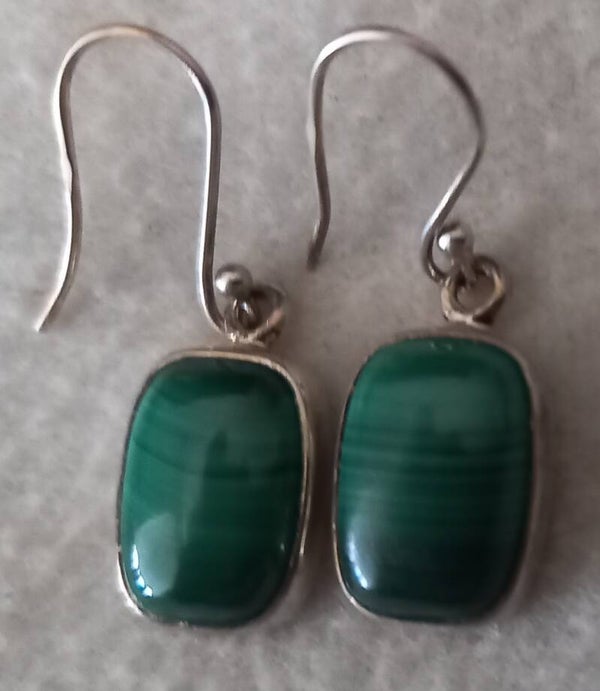 Malachiet oorhangers groot langwerpig model in zilver
