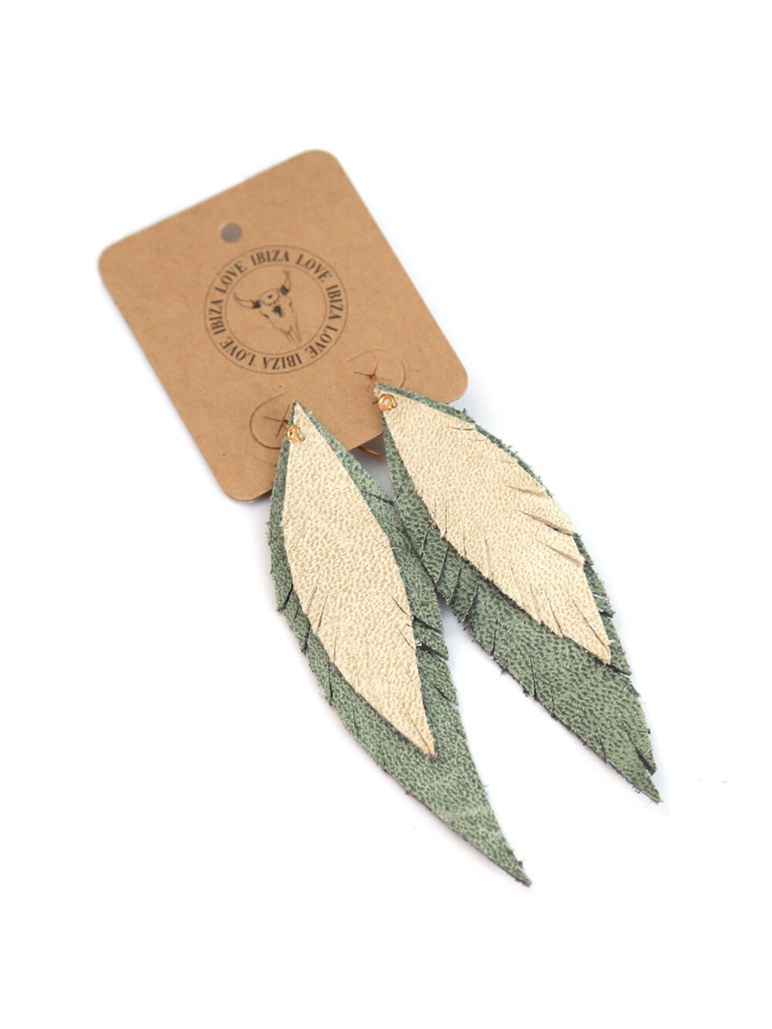 Oorbellen Bohemian feather - Groen/zand (echt leer)