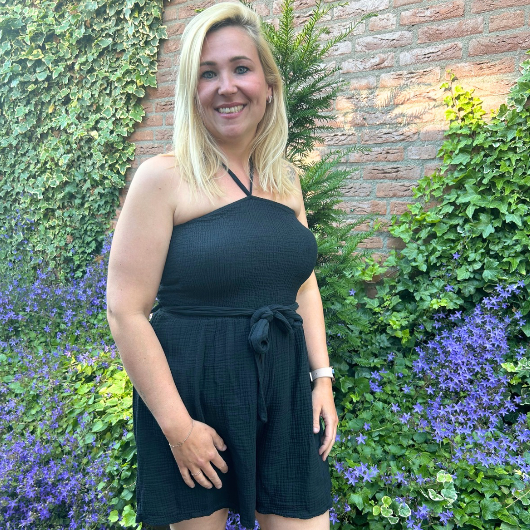 Jumpsuit wafelstof - Zwart