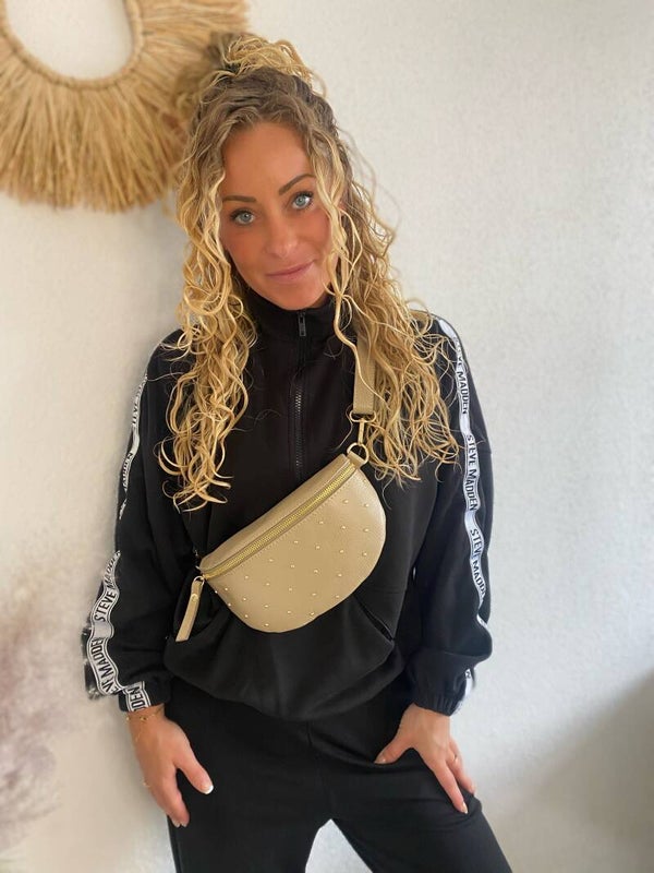 Tas Alba - Beige met gouden studs (echt leer)