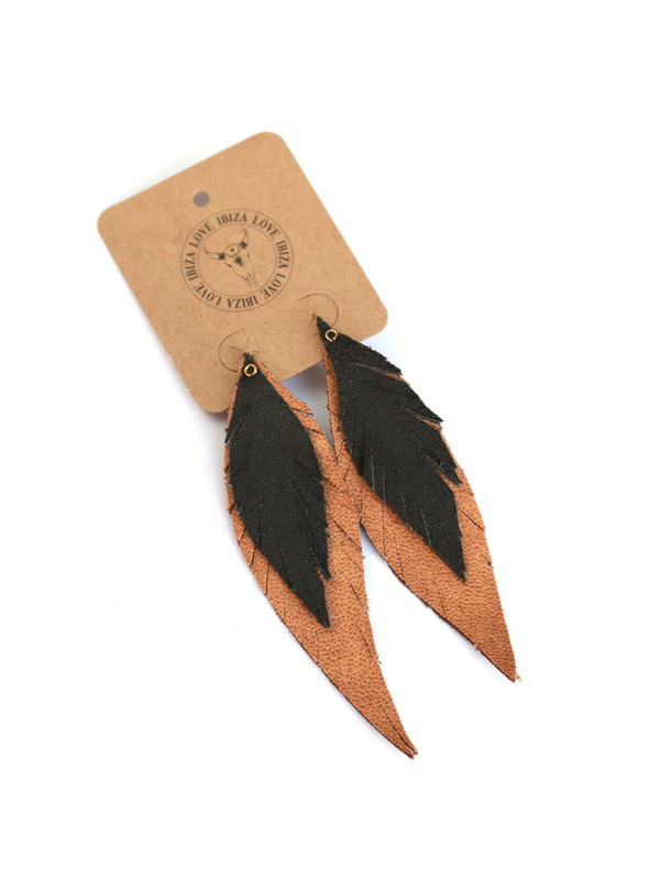 Oorbellen Bohemian feather (echt leer) - Camel/zwart