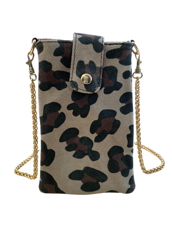 Telefoontas - Panter Taupe (nubuck leer)