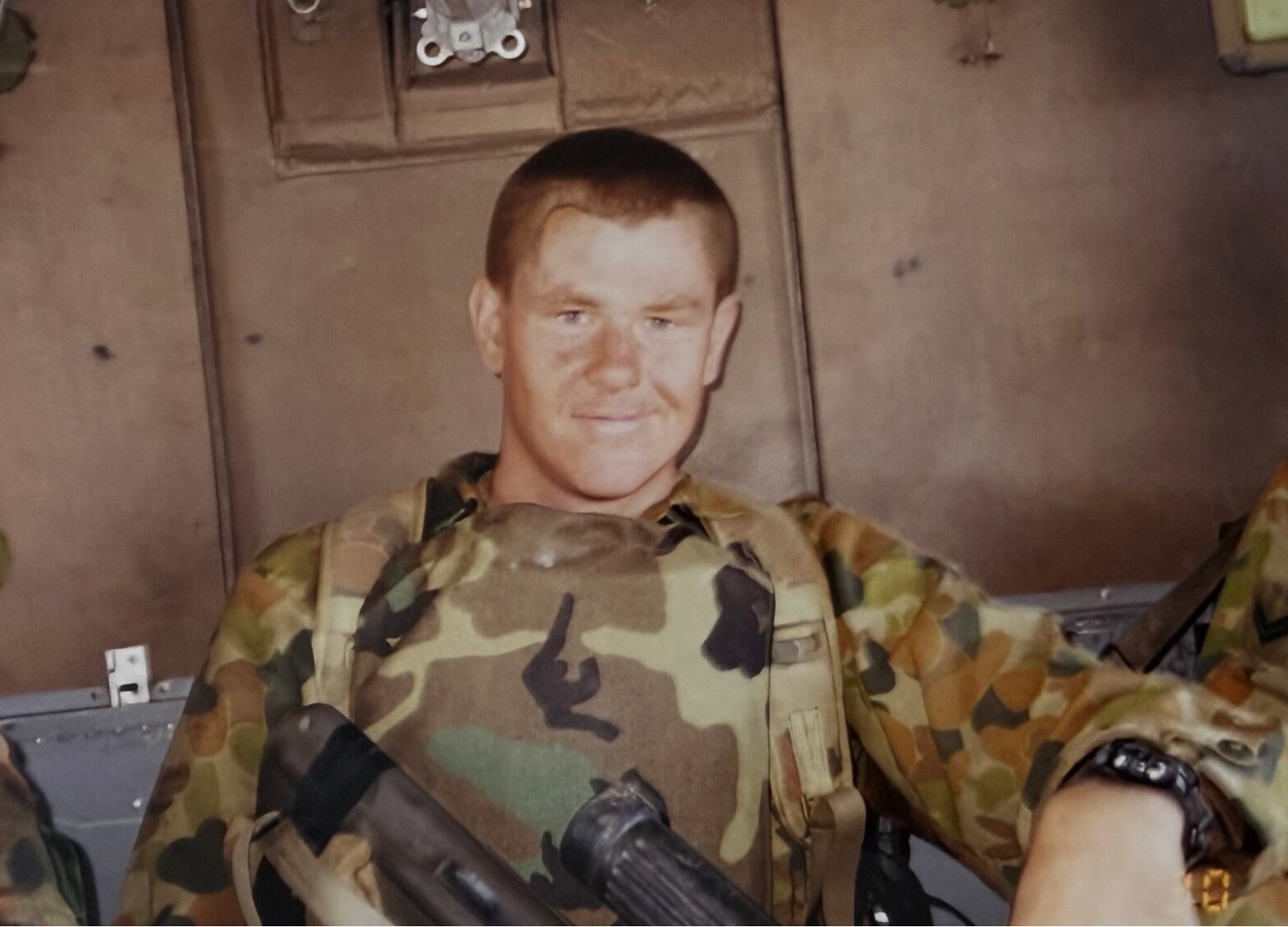 Daniel O'Neil in Blackhawk helicopter East TImor