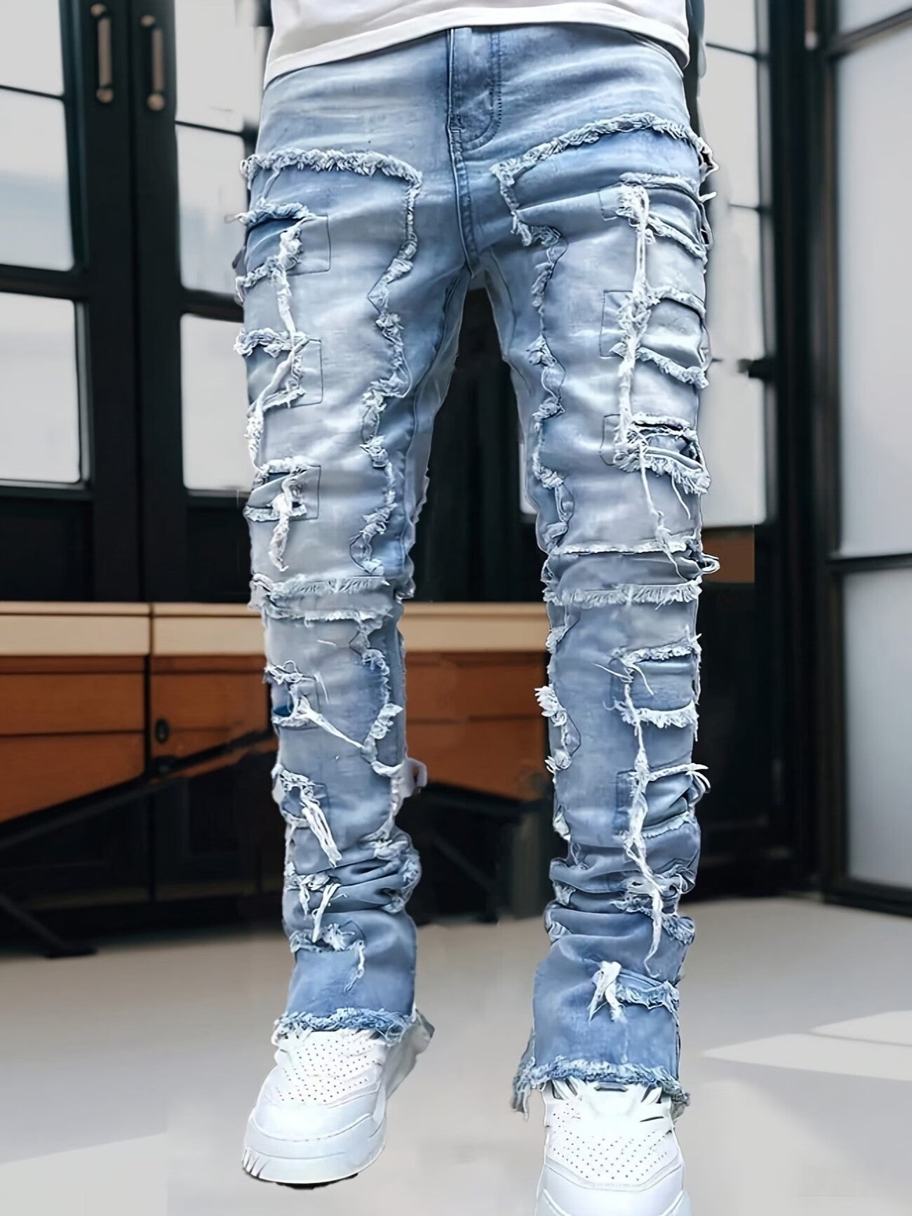 Straight-Leg Slim Fit Trendige Stretch Herrenjeans mit Rüschen