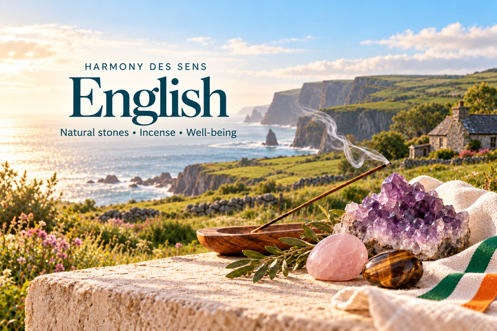 Harmony des Sens English shop: natural stones and incense overlooking the Irish coast.