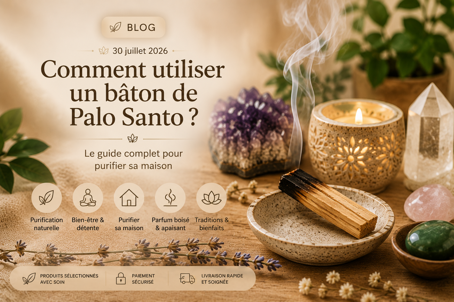 Bâton de Palo Santo fumant avec pierres naturelles et bougie dans une ambiance zen