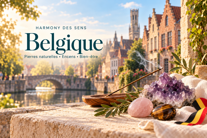 Harmony des Sens Belgique : pierres naturelles et encens au bord des canaux de Bruges.