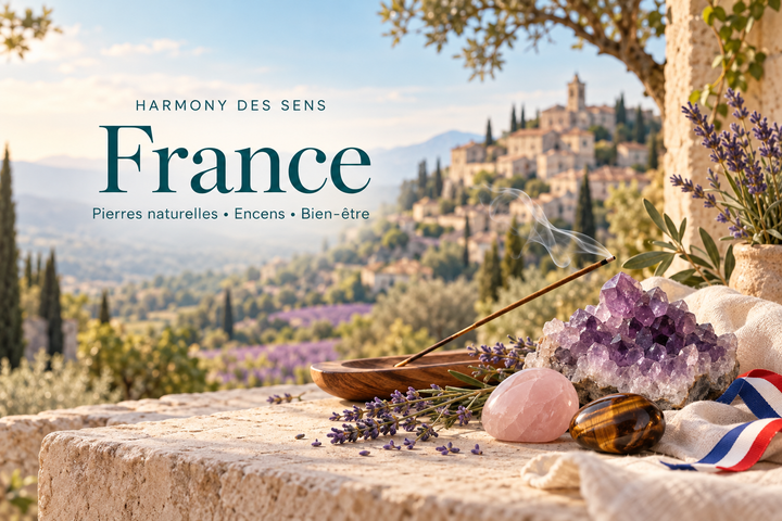 Harmony des Sens France : pierres naturelles et encens dans un paysage provençal.