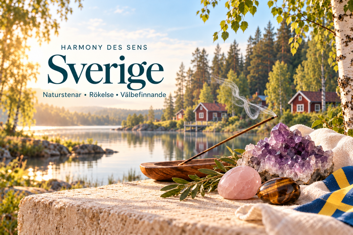 Harmony des Sens Sverige: naturstenar och rökelse vid en svensk sjö.