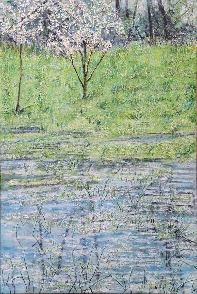 Bloeiende bomen aan de Niers    90 x 80 cm       de Nister  90 x 80 cm 