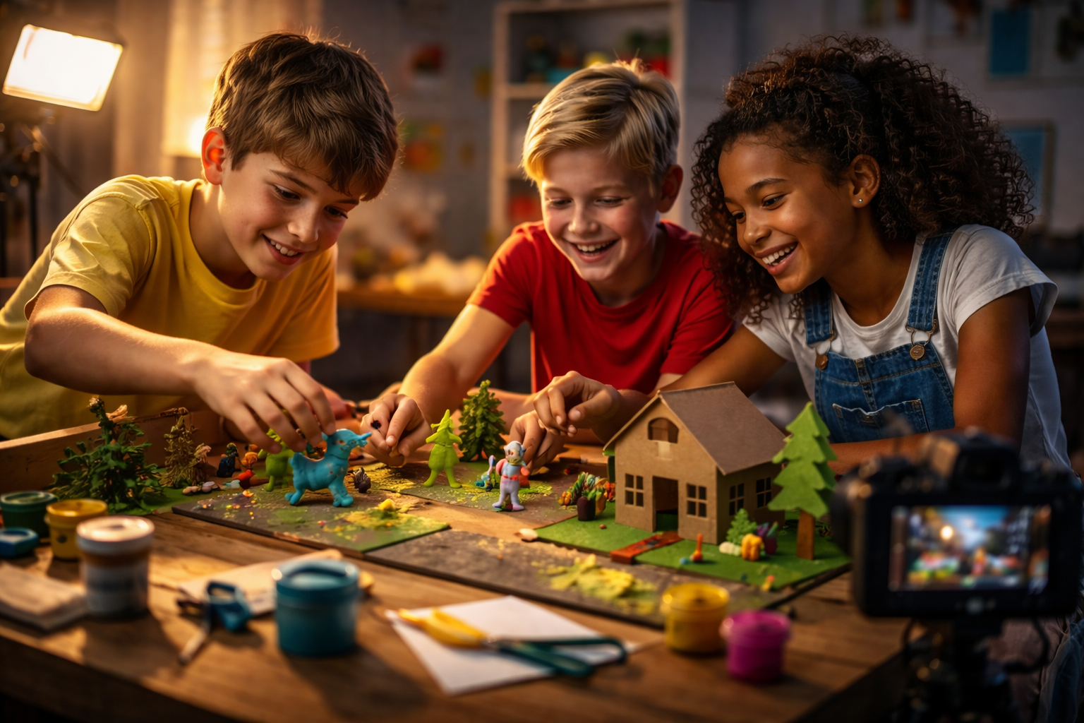 Enfants qui animent une vidéo en stop motion pendant les vacances à Saint-Claude, Jura