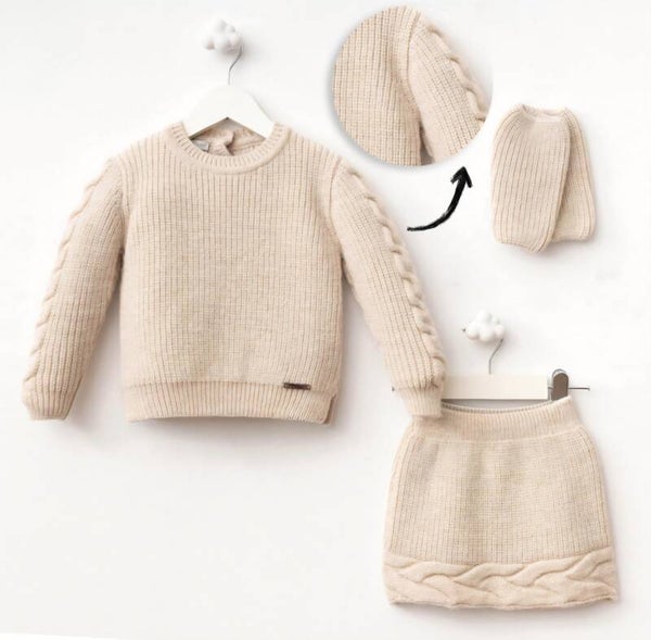 Driedelig gebreid meisjesset beige