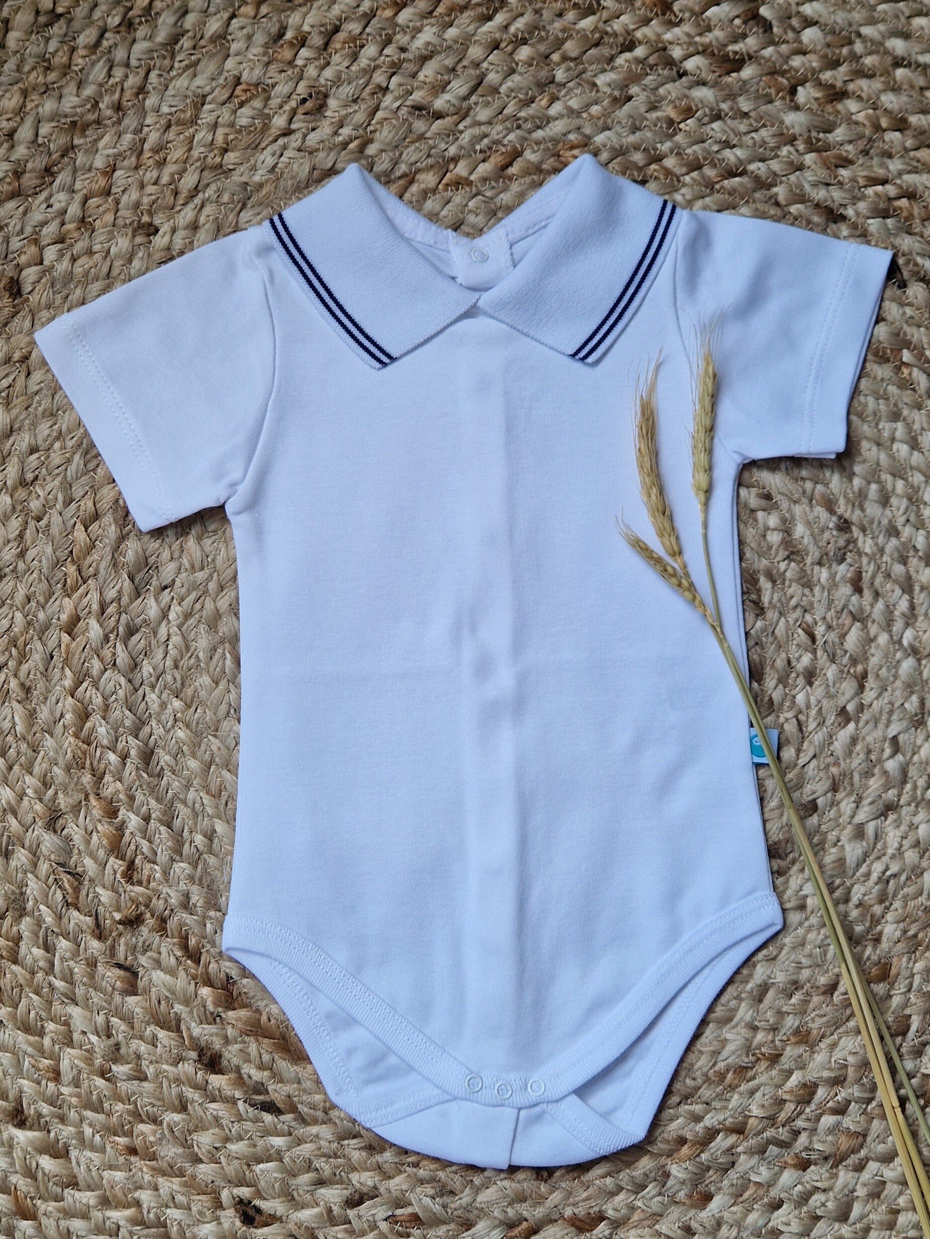 Polo romper wit met gestreept kraagje