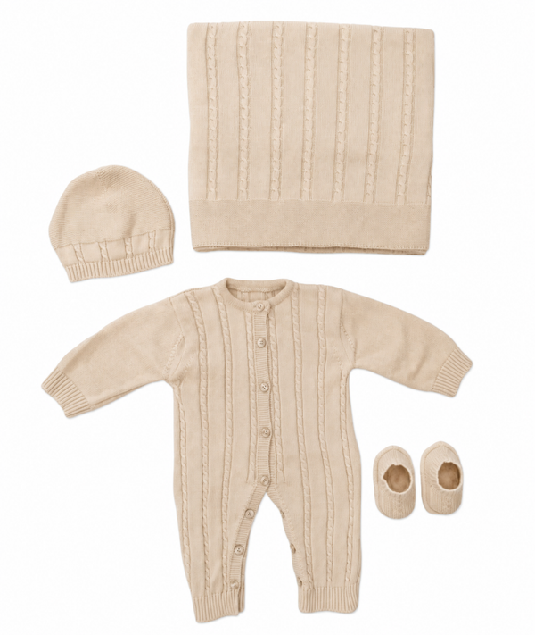 Fijn gegebreid geboorte set beige