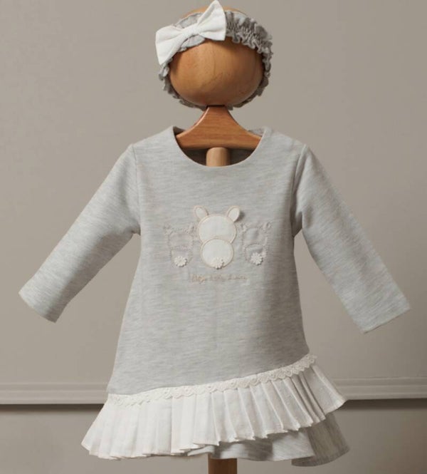 Grijze jurk Rosa met konijntjes en haarband