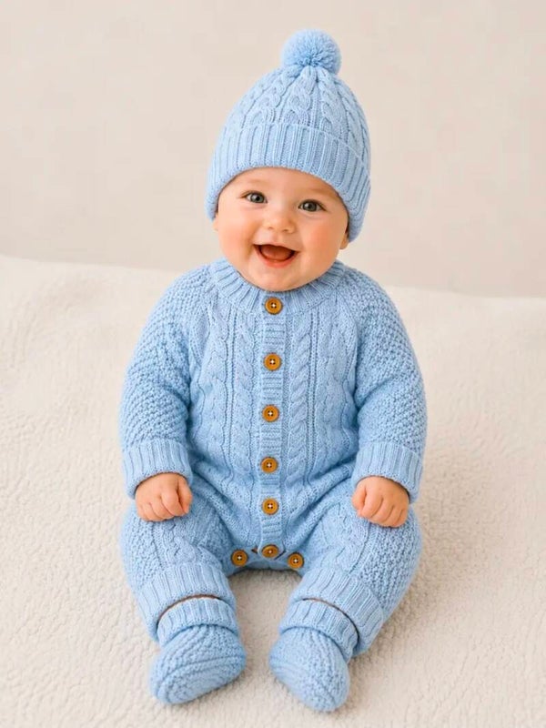 Gebreid pakje met muts en slofjes blauw