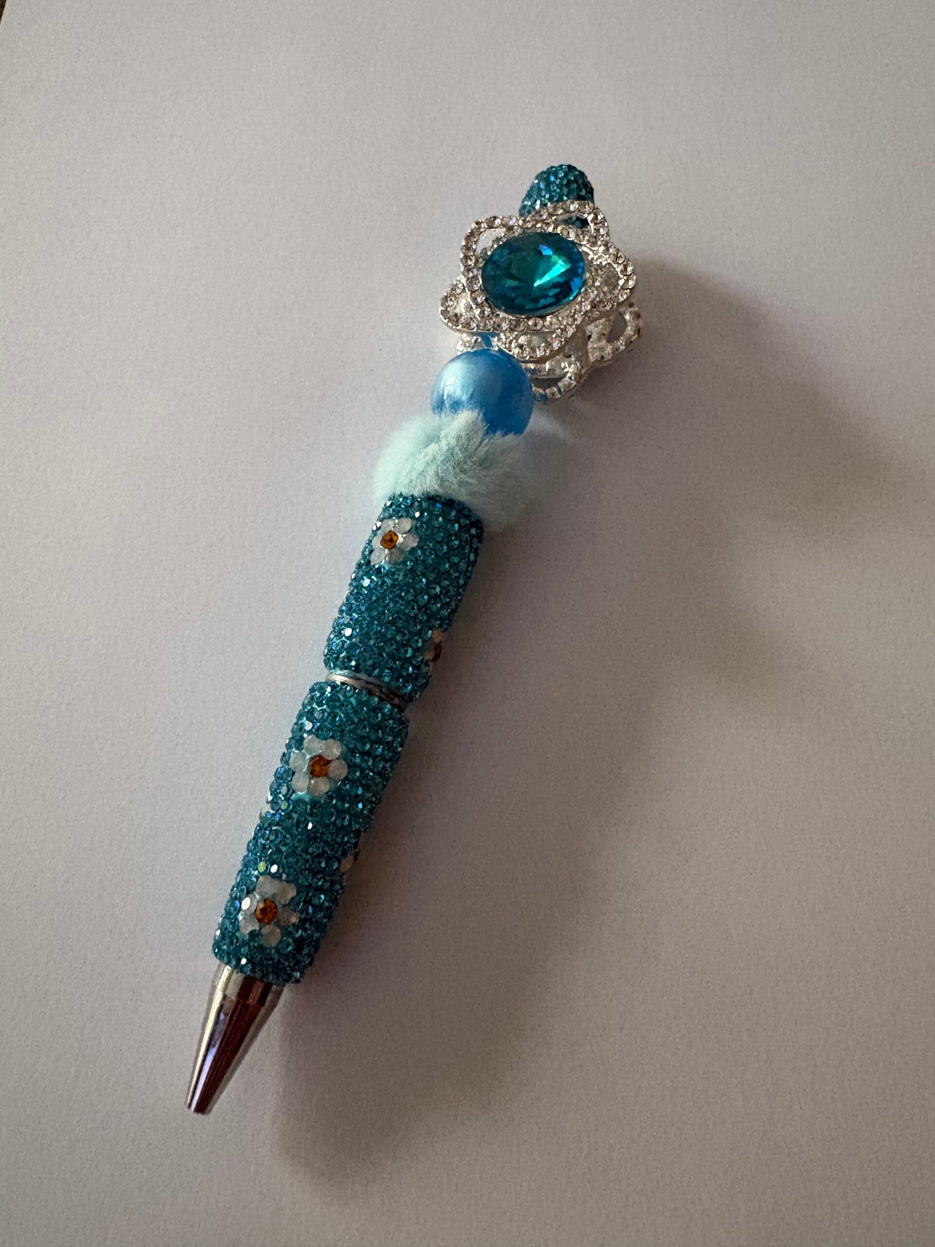 balpen met zilver blauwe bloem