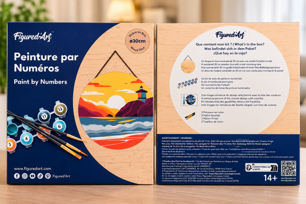 Figured’Art Schilderen op Nummer op Hout – Zonsondergang & Vuurtoren – Ø 30 cm