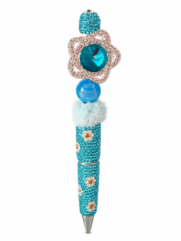 balpen met zilver blauwe bloem
