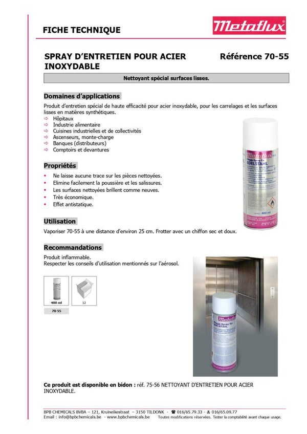 Spray nettoyant et d'entretien pour acier inoxydable METAFLUX 70-55 400 ml