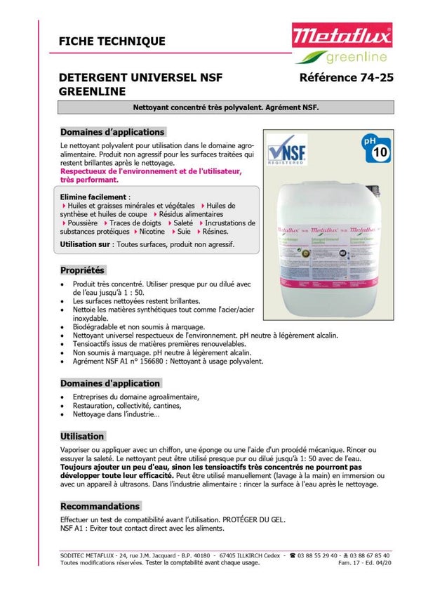 METAFLUX GREENLINE 74-25 DÉTERGENT UNIVERSEL NSF A1