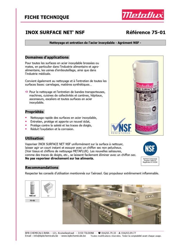 Spray nettoyant et d'entretien pour acier inoxydable METAFLUX 75-01 NSF 400 ml