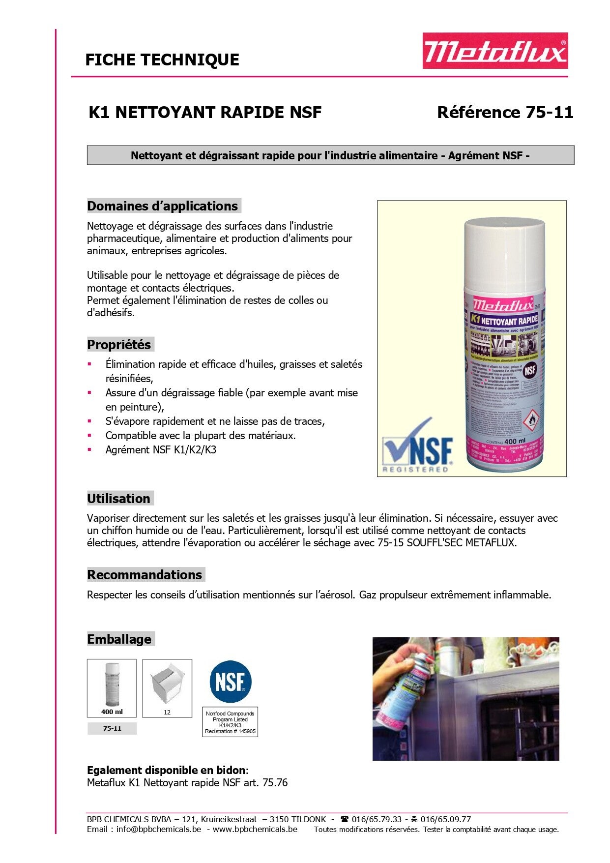 Nettoyant rapide Metaflux en spray NSF K1 400 ml 75-11