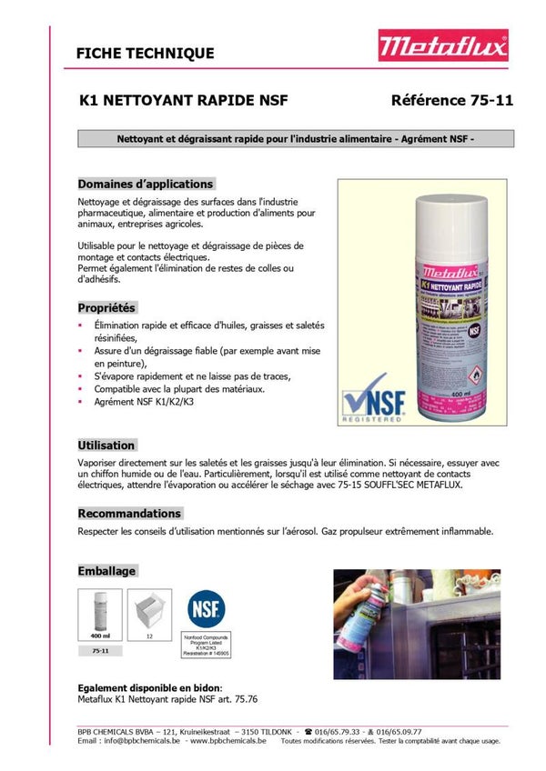 Nettoyant rapide Metaflux en spray NSF K1 400 ml 75-11