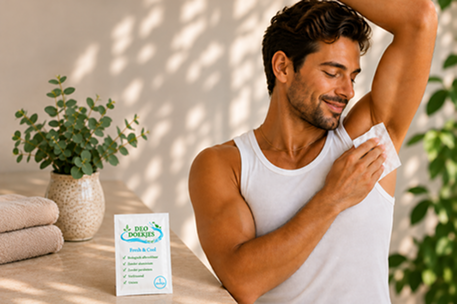 Man gebruikt een deodorant doekje onder zijn oksel met een verpakking Deo Doekjes Fresh & Cool op de voorgrond