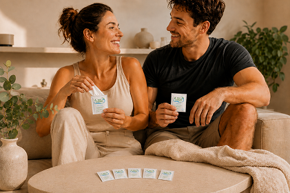 Stel zit samen op de bank met elk een individueel verpakt deodorant doekje in de hand