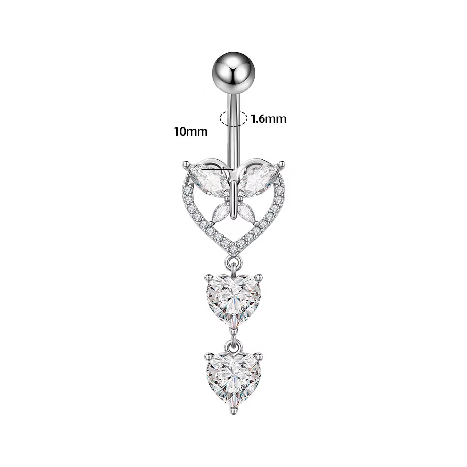 Crystal Butterfly Heart Dangly Belly Ring